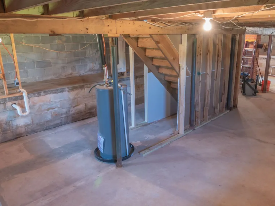 Gas water heater standing on a drain pan in an unfinished basement, with concrete block walls, exposed floor joists, and a flue pipe running up to the ceiling